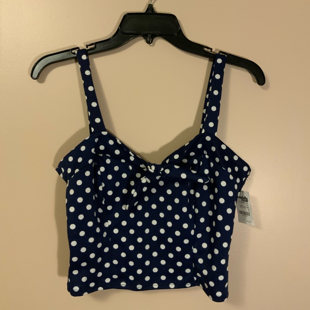 Navy w/white polka dots crop top